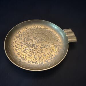 Vintage Mid Century Brass Ashtray Ornate Marked India 7” Trinket / Change Tray